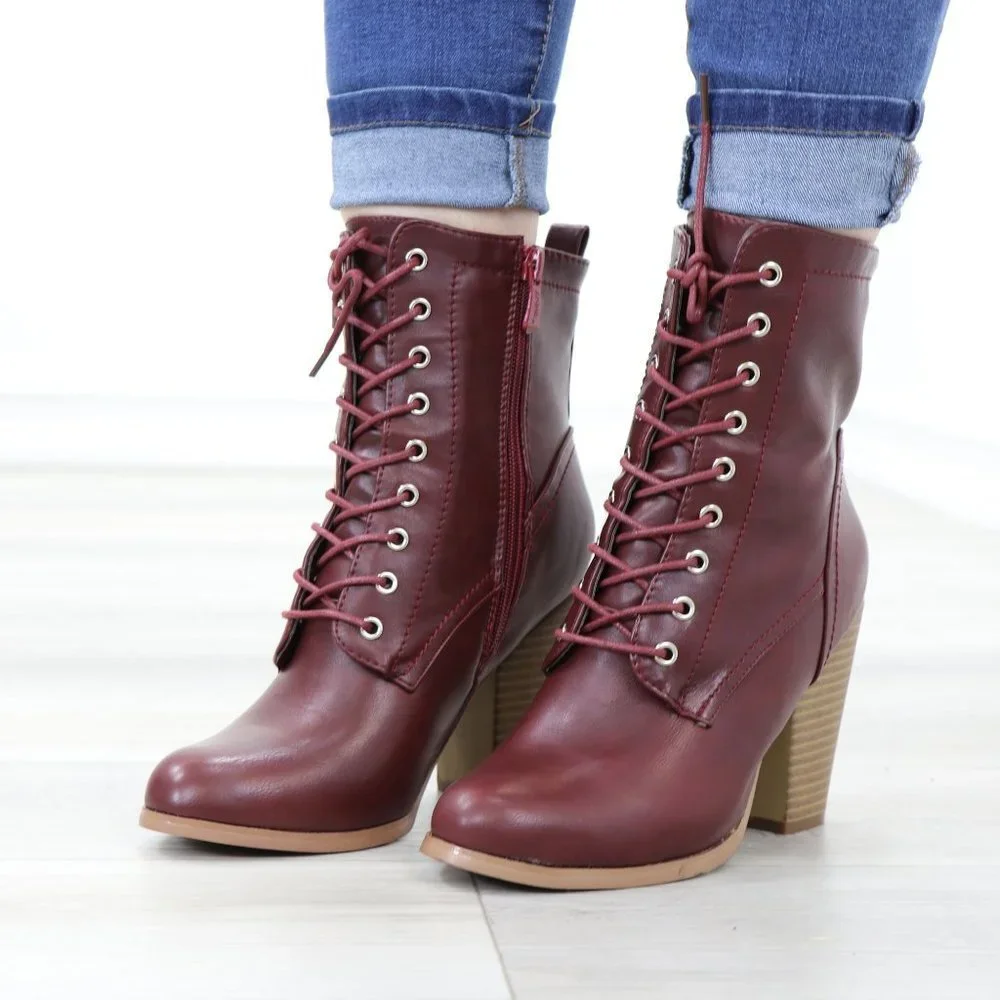 Lace-Up Block Cone High Heeled Ankle Boots Synthetic Leather - Picture 13 of 15